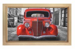 Kırmızı Klasik Araba Tablosu Naturel Ahşap - 45x30