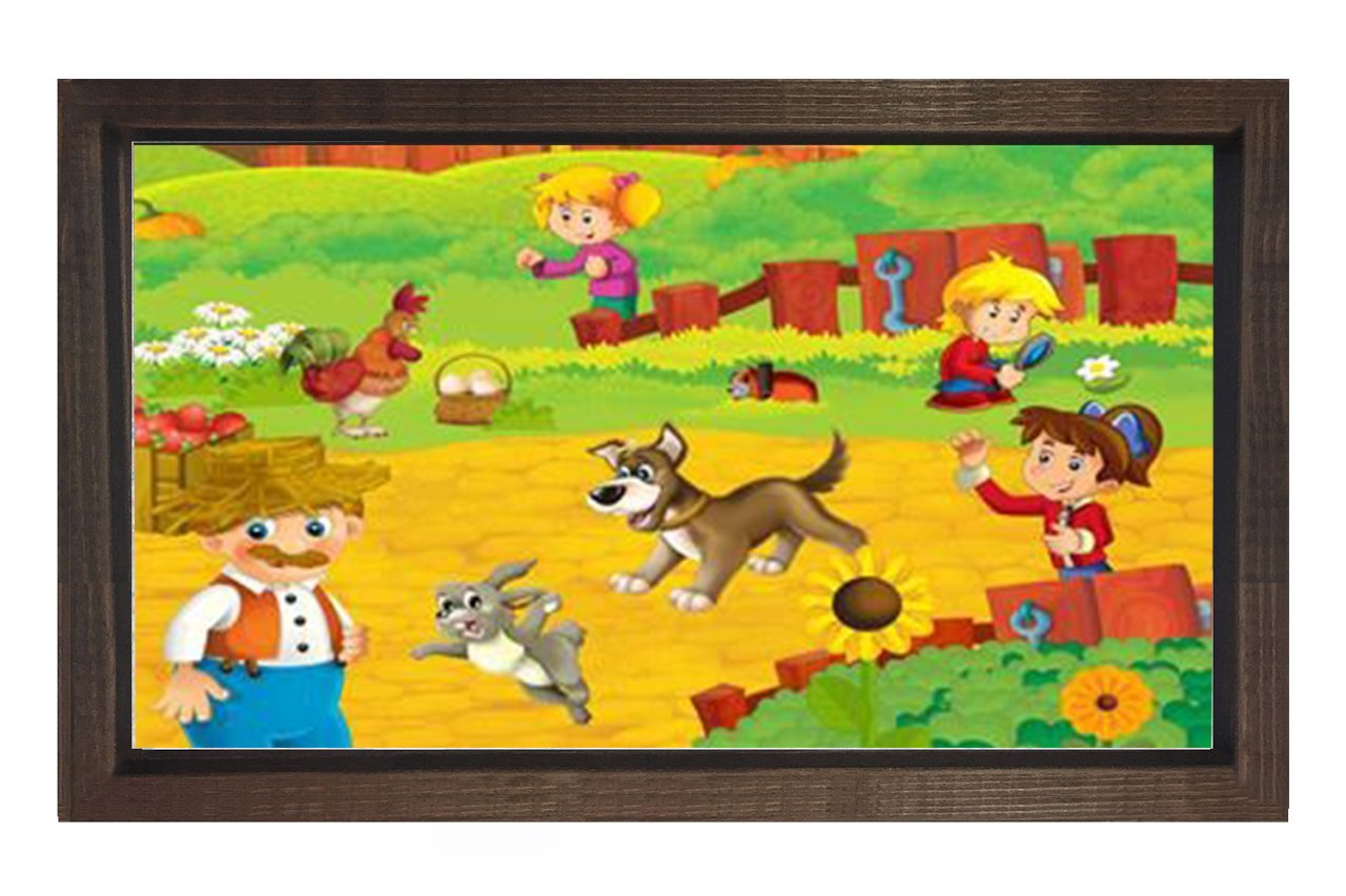 Sevimli Hayvanlar Ve Çoçuklar Tablosu Kahverengi Ahşap - 100x150