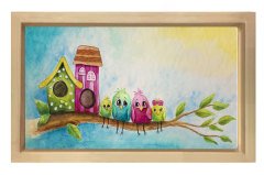 Kuş Ailesi Tablosu Naturel Ahşap Çerçeve - 70x100