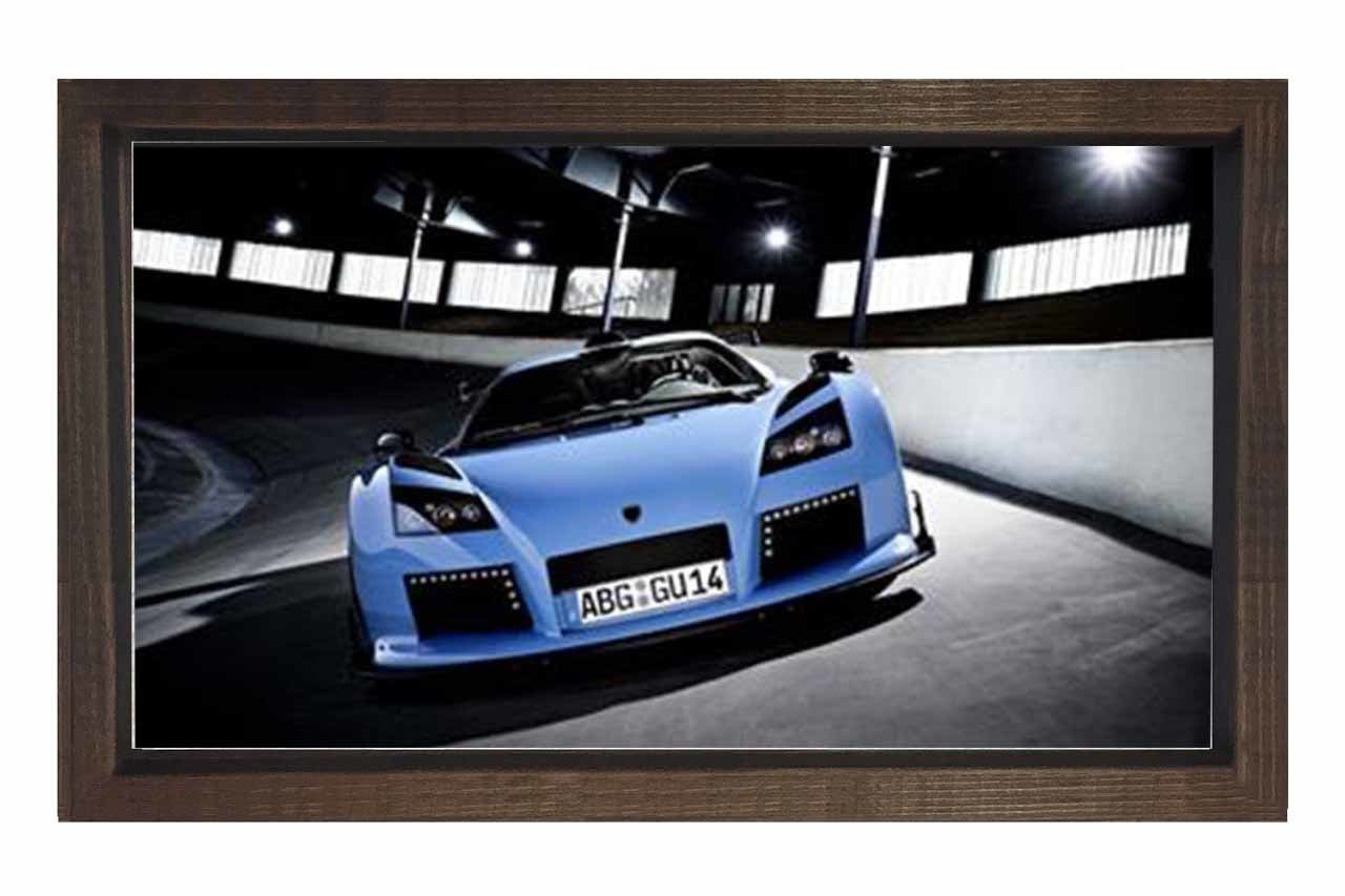 Açık Mavi Spor Araba Tablosu Kahverengi Ahşap Çerçeve - 50x90