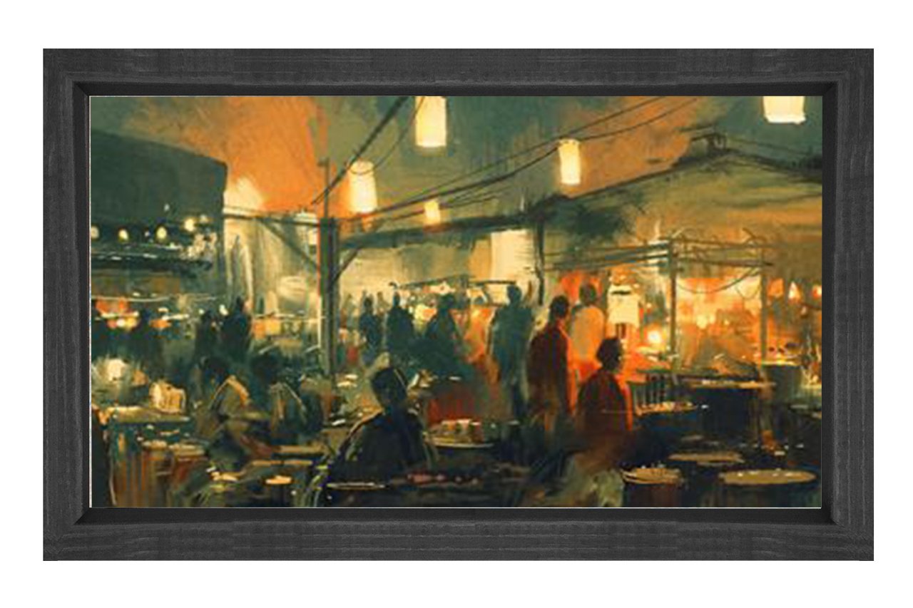 Gece Şehir Pazarı Tablosu Siyah Ahşap Çerçeve - 50x70