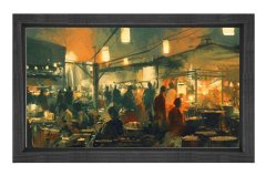 Gece Şehir Pazarı Tablosu Siyah Ahşap Çerçeve - 50x70
