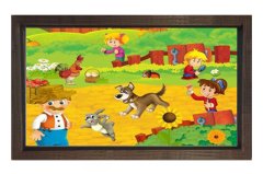 Sevimli Hayvanlar Ve Çoçuklar Tablosu Kahverengi Ahşap - 45x30
