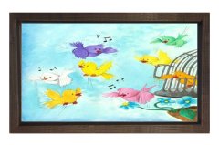 Şarkı Söyleyen Sevimli Kuşlar Tablosu Kahverengi Ahşap Çerçeve - 50x70