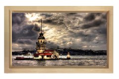 Kız Kulesi ve Bulutlar Tablosu Naturel Ahşap Çerçeve - 70x100