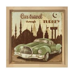 Vintage İstanbul Araba Tablosu Naturel Ahşap Çerçeve - 50x50