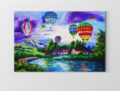 Uçan Renkli Balonlar Manzara Tablosu Çerçevesiz - 100x150