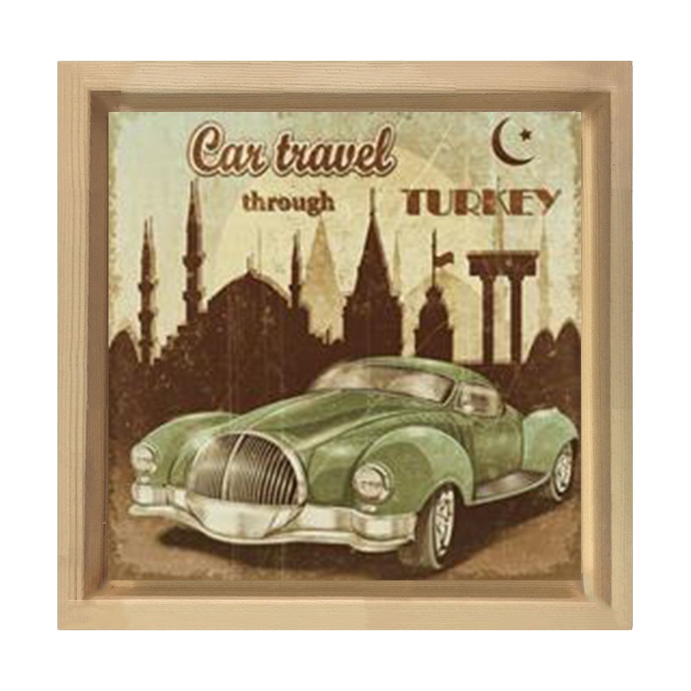 Vintage İstanbul Araba Tablosu Naturel Ahşap Çerçeve - 60x60