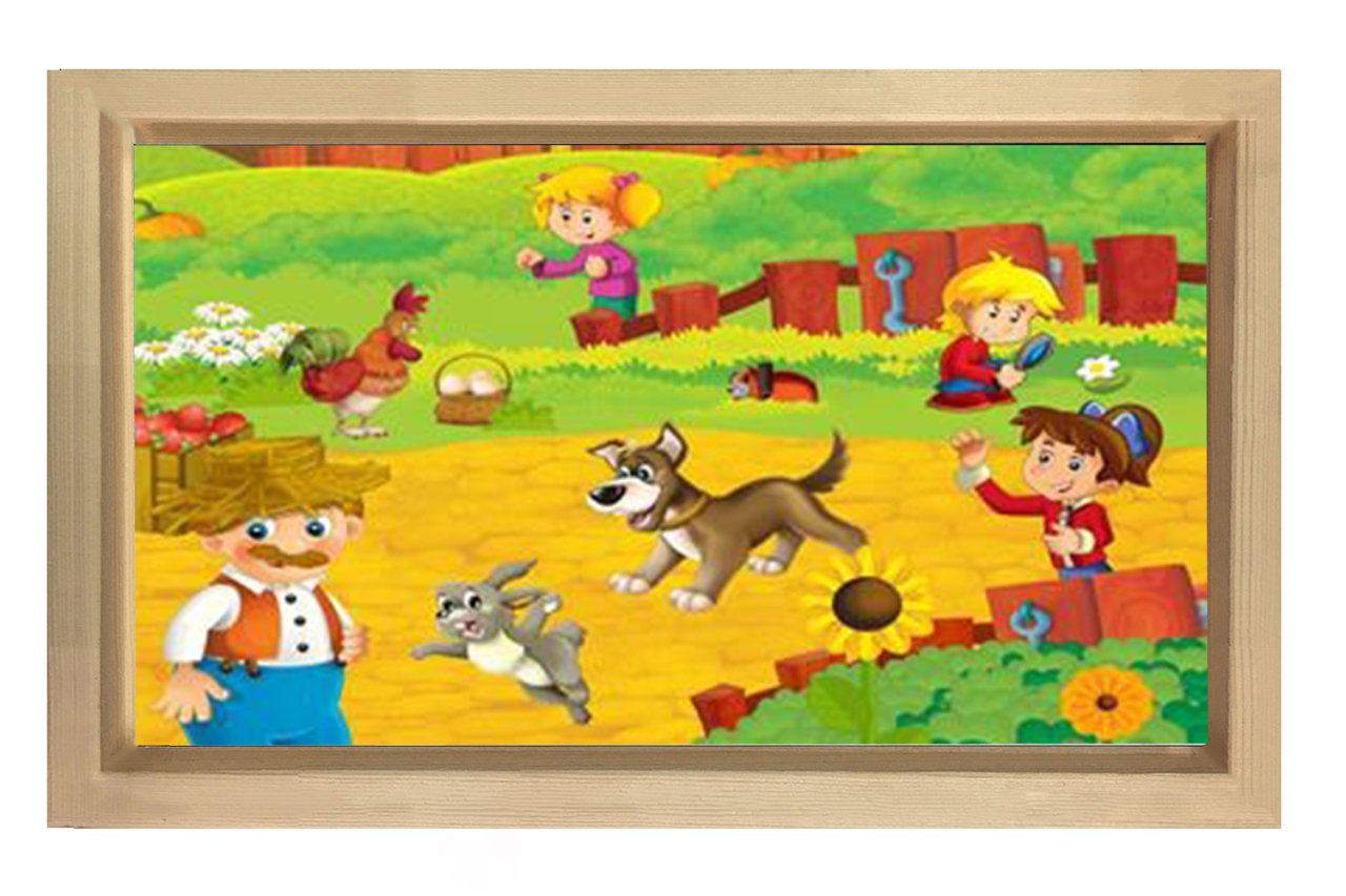 Sevimli Hayvanlar Ve Çoçuklar Tablosu Naturel Ahşap - 100x200