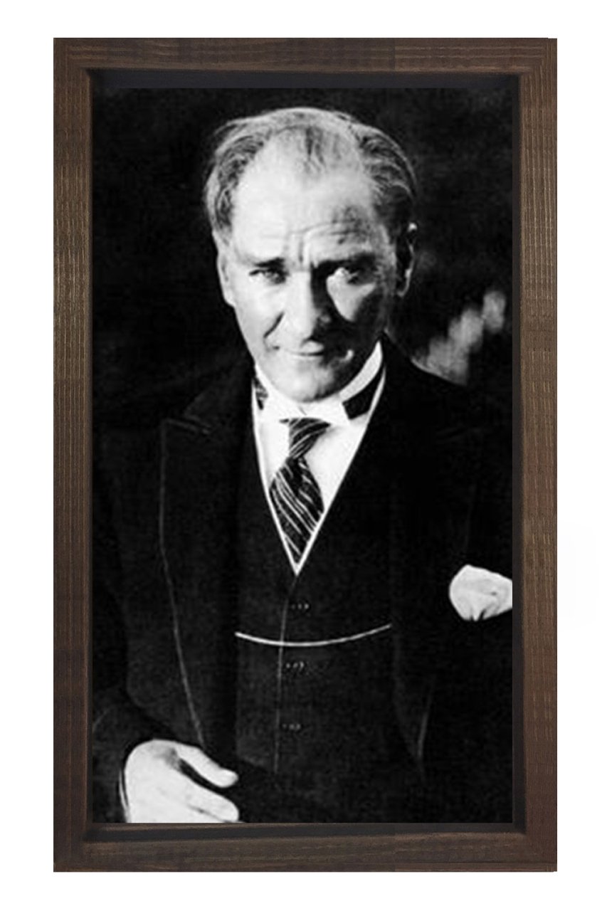 Atatürk-Siyah Beyaz Tablosu Kahverengi Ahşap - 45x30