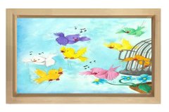 Şarkı Söyleyen Sevimli Kuşlar Tablosu Naturel Ahşap Çerçeve - 40x60