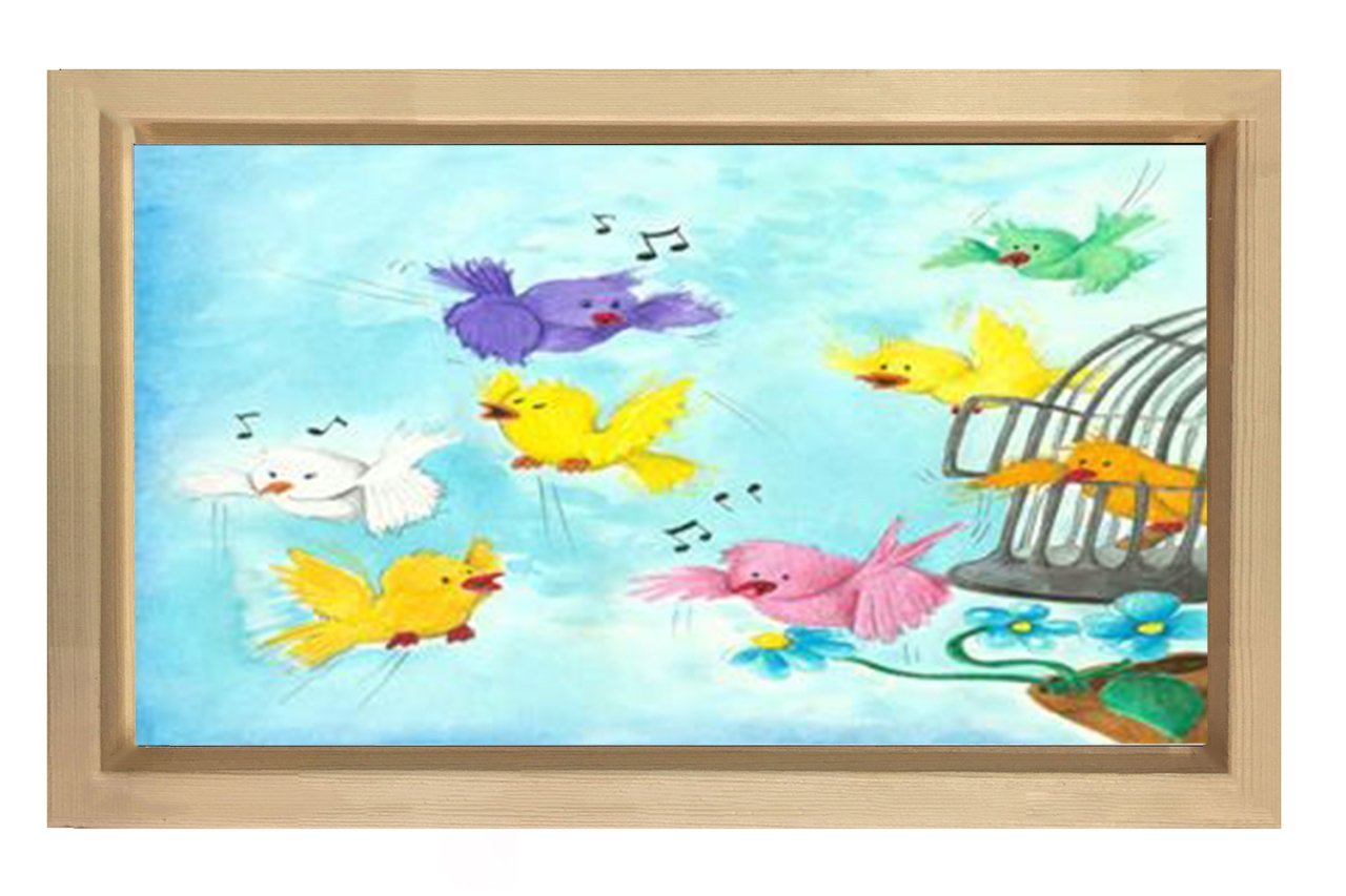 Şarkı Söyleyen Sevimli Kuşlar Tablosu Naturel Ahşap Çerçeve - 50x90