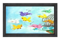 Şarkı Söyleyen Sevimli Kuşlar Tablosu Siyah Ahşap Çerçeve - 50x70