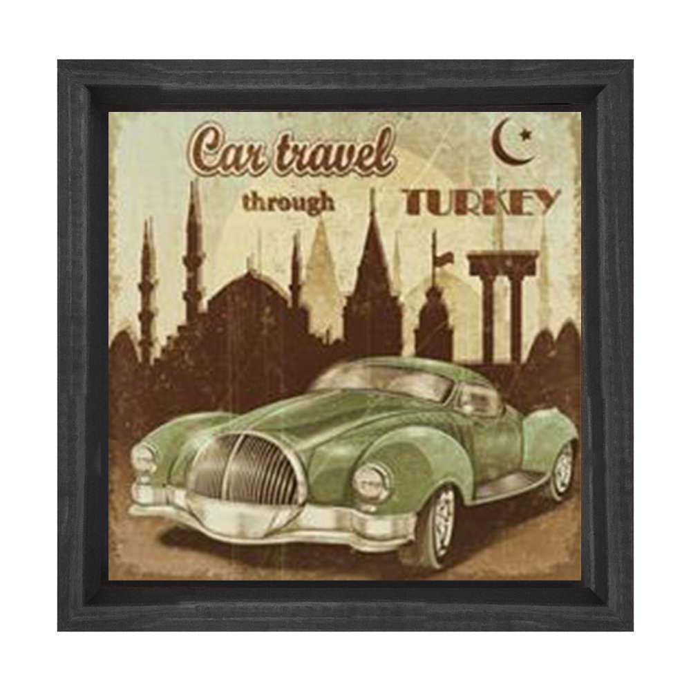 Vintage İstanbul Araba Tablosu Siyah Ahşap Çerçeve - 80x80