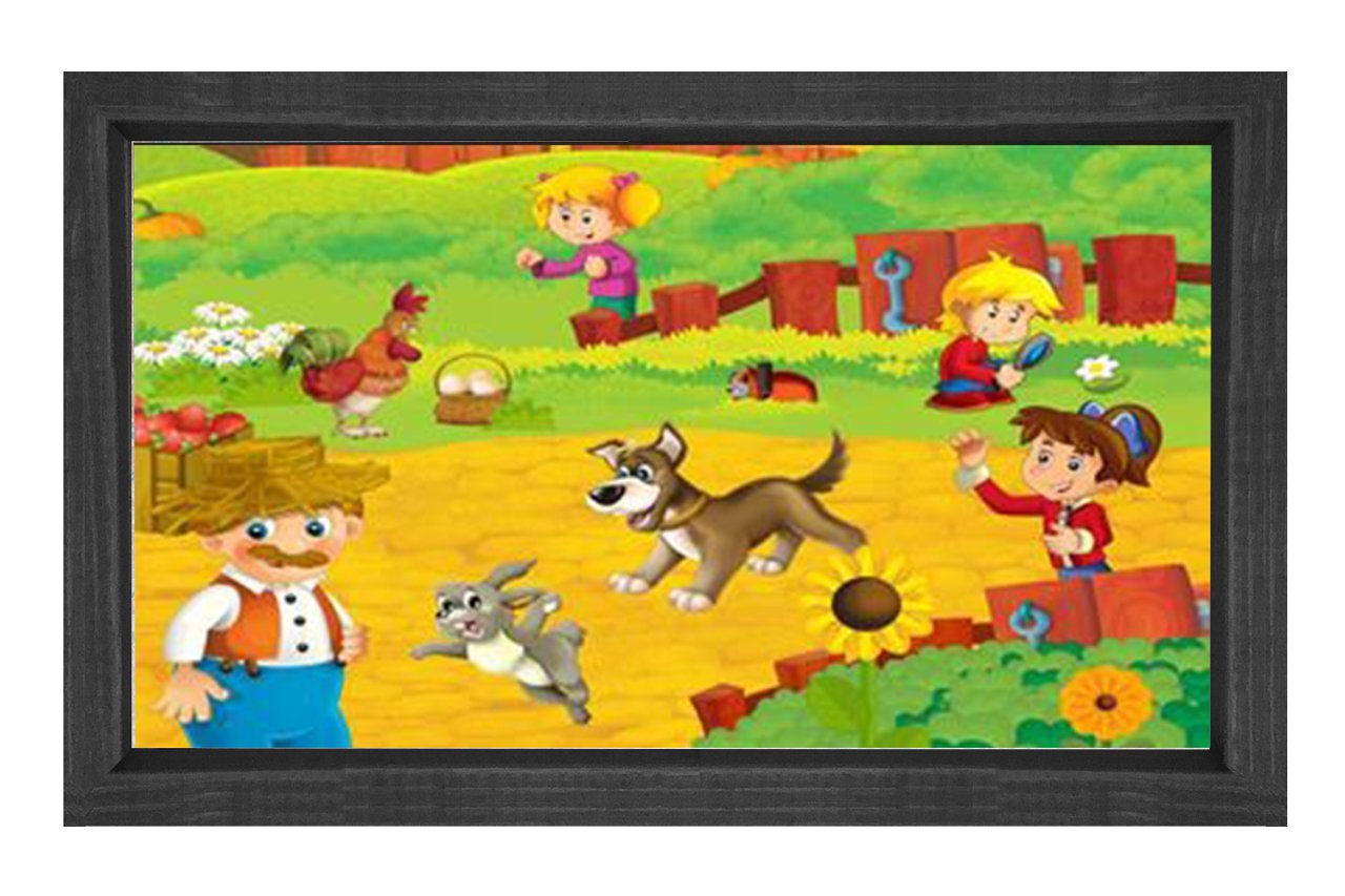 Sevimli Hayvanlar Ve Çoçuklar Tablosu Siyah Ahşap - 50x90