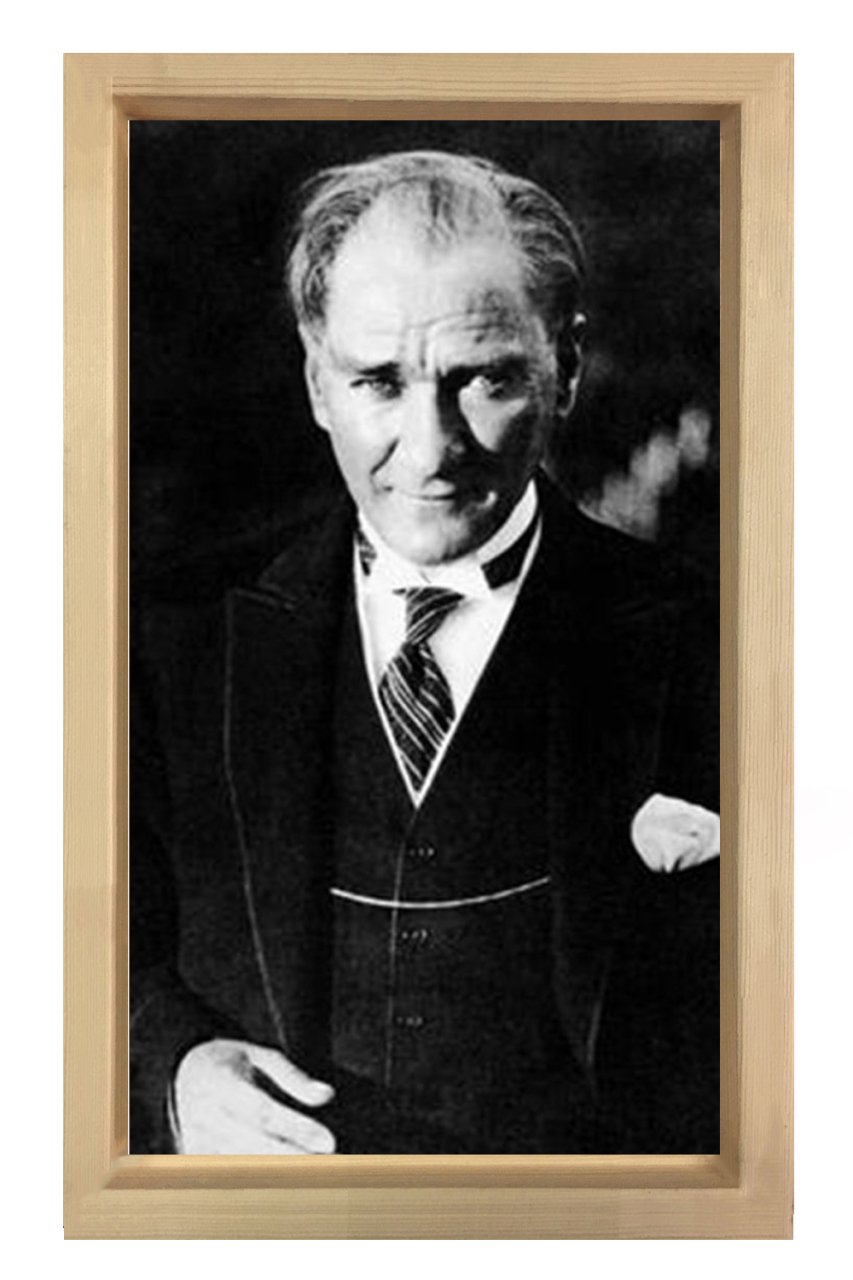 Atatürk-Siyah Beyaz Tablosu Naturel Ahşap - 70x100