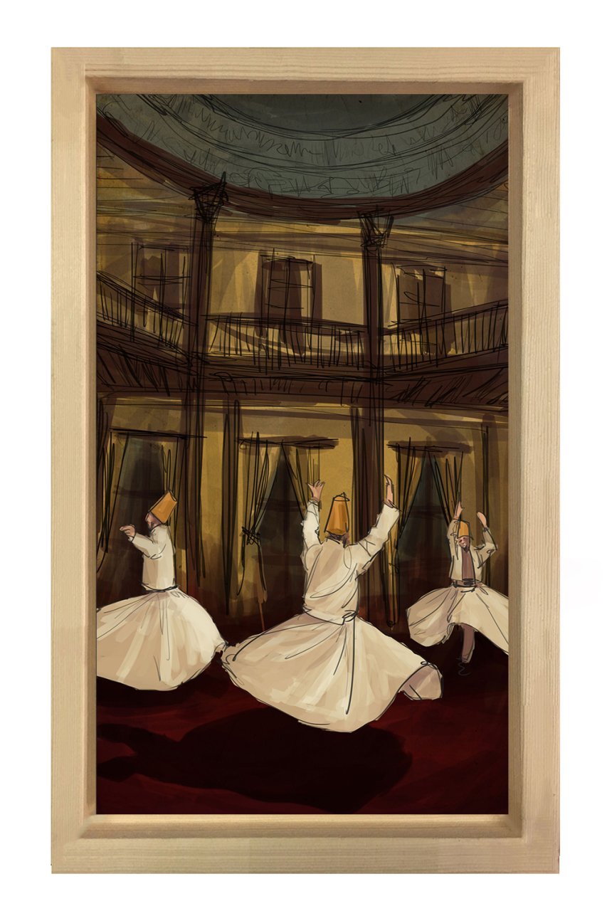 Mevlevi Dervişleri Tablosu Naturel Ahşap Çerçeve - 50x70