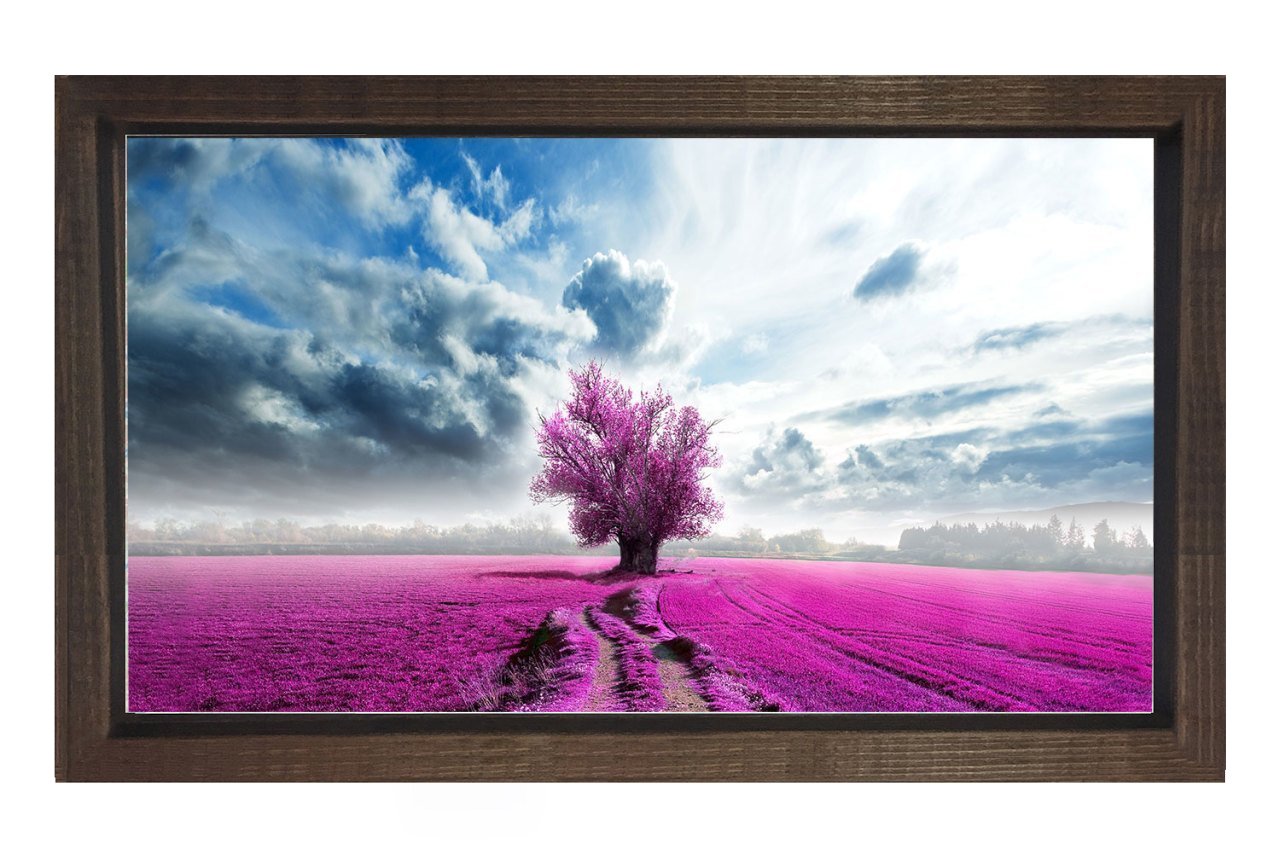 Lavanta Tarlası Mor Ağaç Manzara Tablosu Kahverengi Ahşap Çerçeve - 45x30