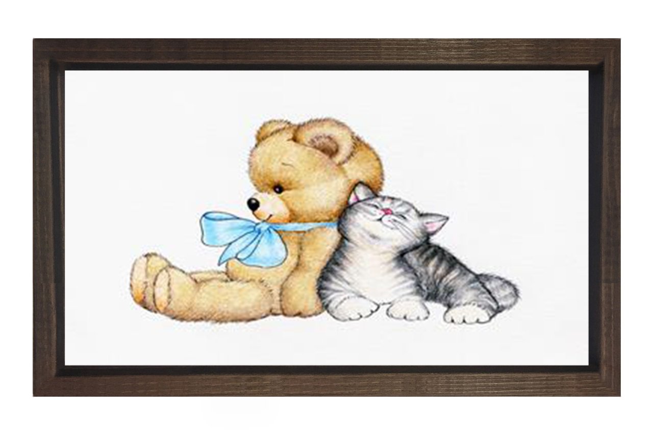 Ayıcık Ve Sevimli  Kedi Tablosu Kahverengi Ahşap Çerçeve - 40x60