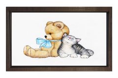 Ayıcık Ve Sevimli  Kedi Tablosu Kahverengi Ahşap Çerçeve - 40x60