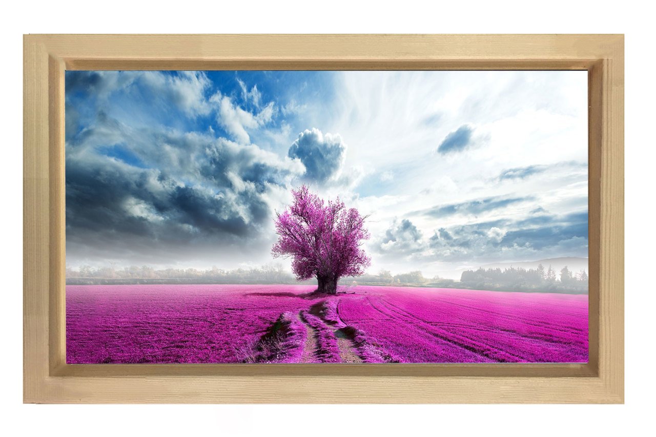 Lavanta Tarlası Mor Ağaç Manzara Tablosu Naturel Ahşap Çerçeve - 40x60