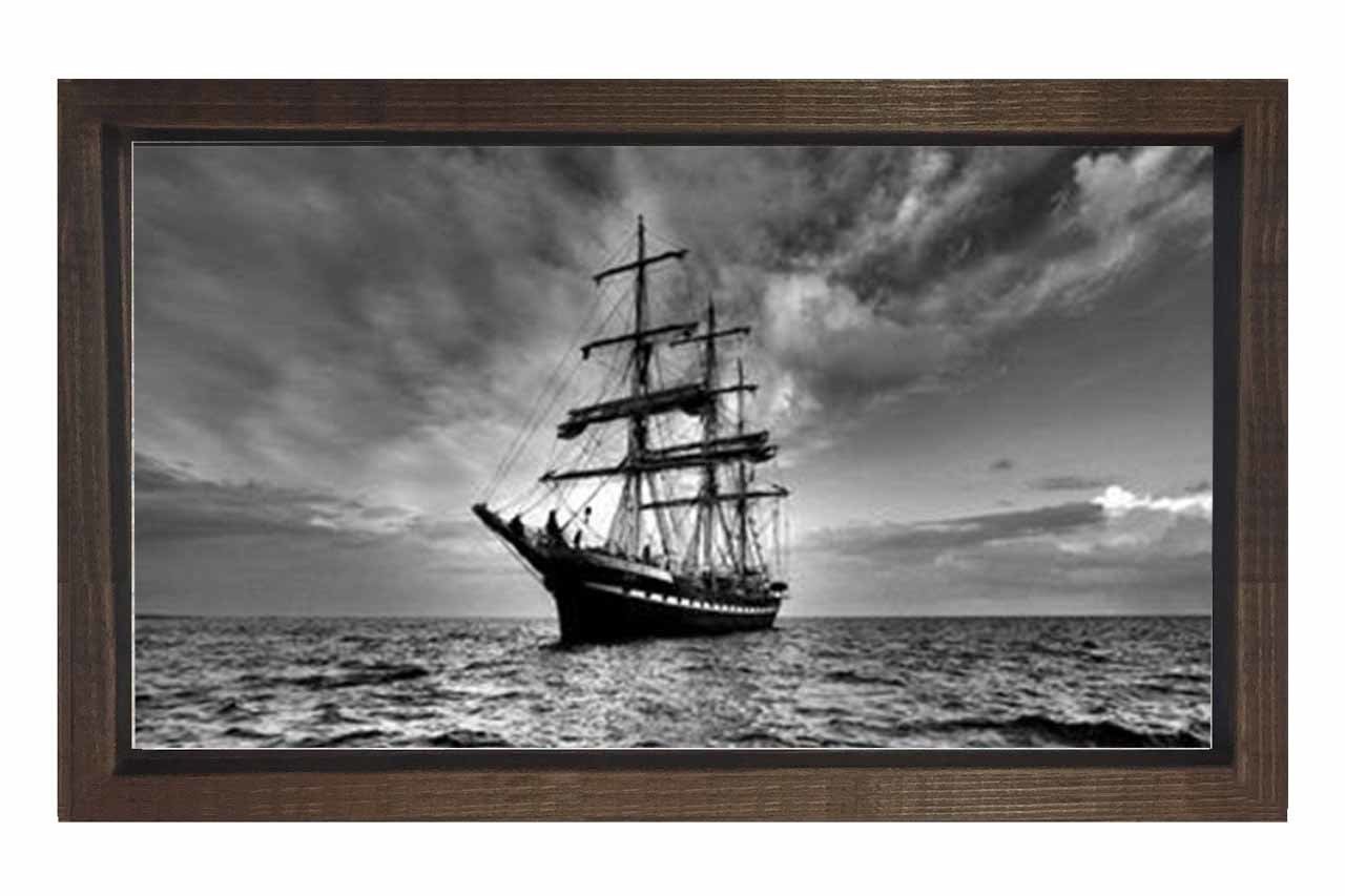 Siyah Beyaz Gemi  Tablosu Kahverengi Ahşap Çerçeve - 50x90