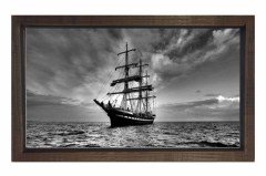 Siyah Beyaz Gemi  Tablosu Kahverengi Ahşap Çerçeve - 50x90