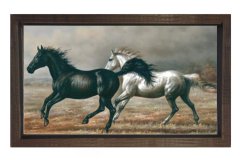 Siyah ve Beyaz At Tablosu Kahverengi Ahşap Çerçeve - 40x60