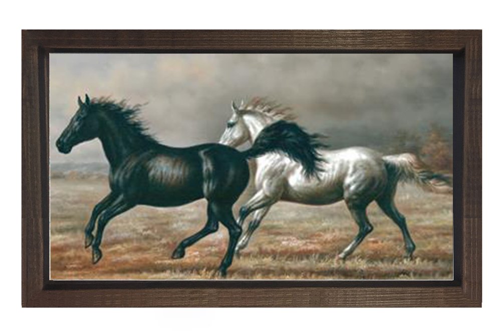 Siyah ve Beyaz At Tablosu Kahverengi Ahşap Çerçeve - 50x70