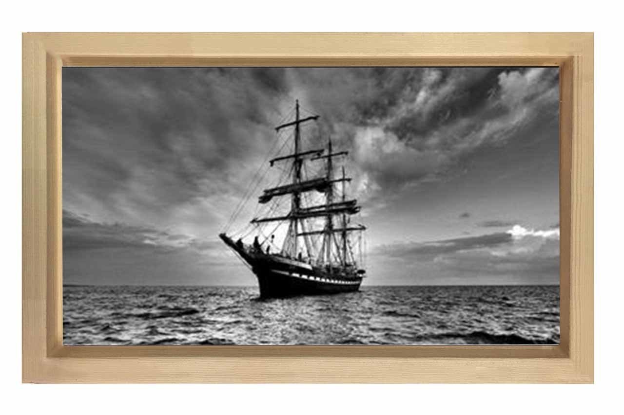 Siyah Beyaz Gemi  Tablosu Naturel Ahşap Çerçeve - 40x60