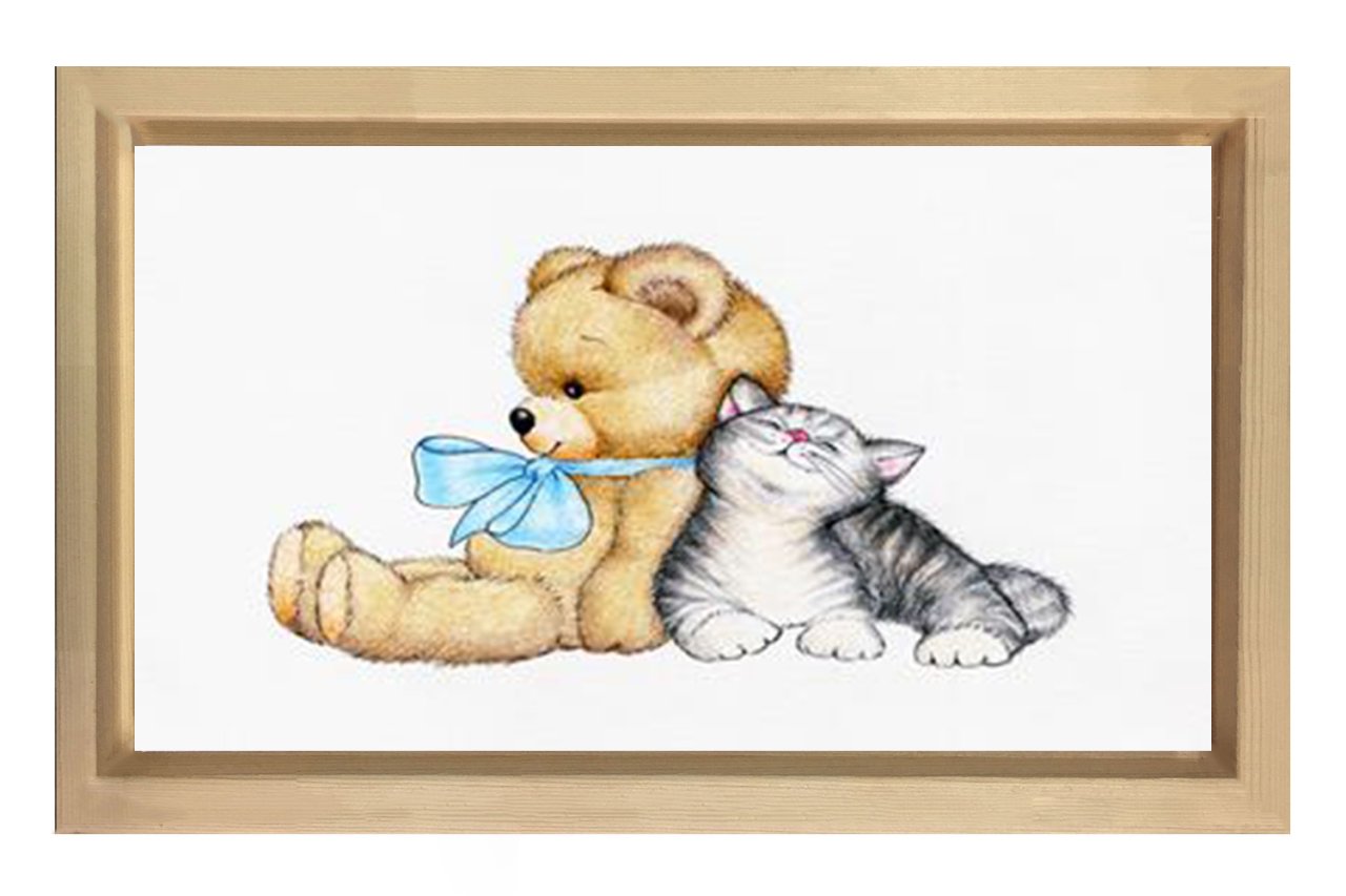 Ayıcık Ve Sevimli  Kedi Tablosu Naturel Ahşap Çerçeve - 50x70