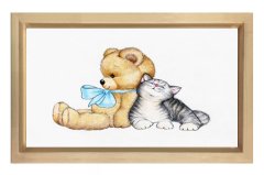 Ayıcık Ve Sevimli  Kedi Tablosu Naturel Ahşap Çerçeve - 50x70