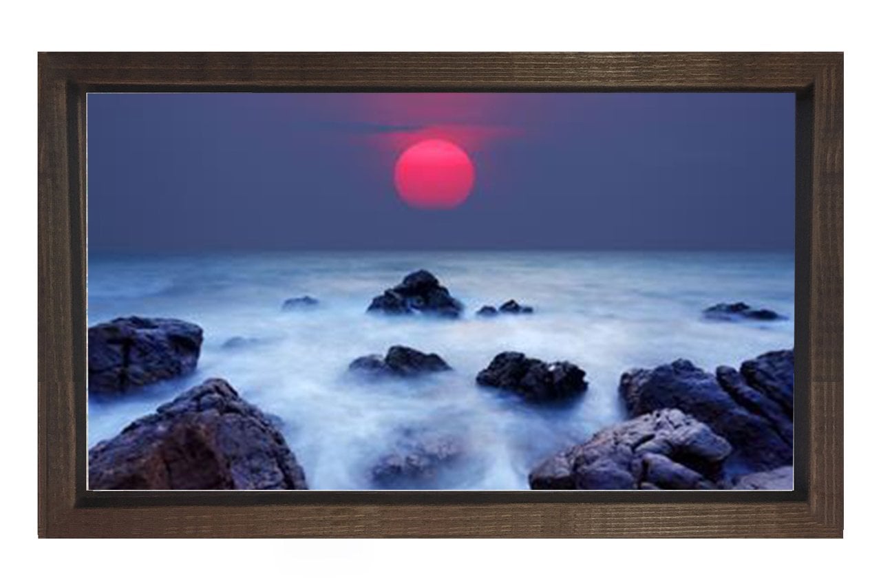 Güneş Batımı ve Deniz Kayalıkları Tablosu Kahverengi Ahşap Çerçeve - 40x60