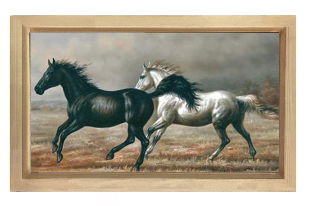 Siyah ve Beyaz At Tablosu Naturel Ahşap Çerçeve - 100x200