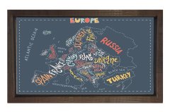 Ülke İsimleri Tipografi Tablosu Kahverengi Ahşap Çerçeve - 40x60