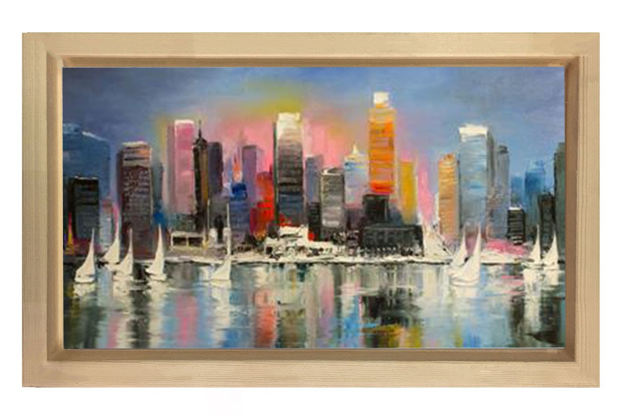 Metropol Şehir Yağlıboya Tablosu Naturel Ahşap Çerçeve - 45x30