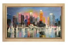 Metropol Şehir Yağlıboya Tablosu Naturel Ahşap Çerçeve - 45x30