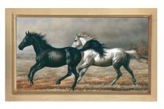 Siyah ve Beyaz At Tablosu Naturel Ahşap Çerçeve - 50x70