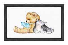 Ayıcık Ve Sevimli  Kedi Tablosu Siyah Ahşap Çerçeve - 45x30