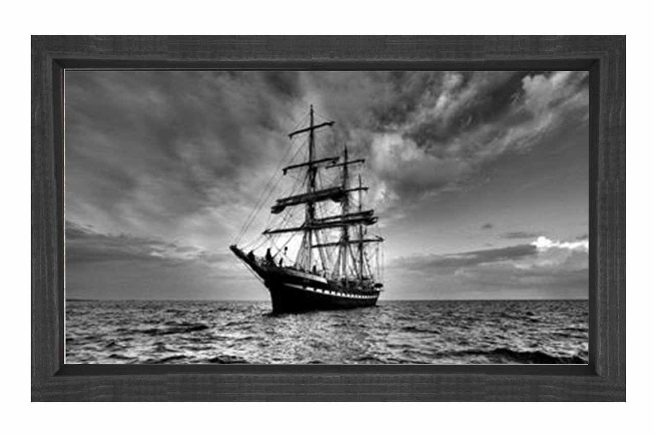 Siyah Beyaz Gemi  Tablosu Siyah Ahşap Çerçeve - 50x90