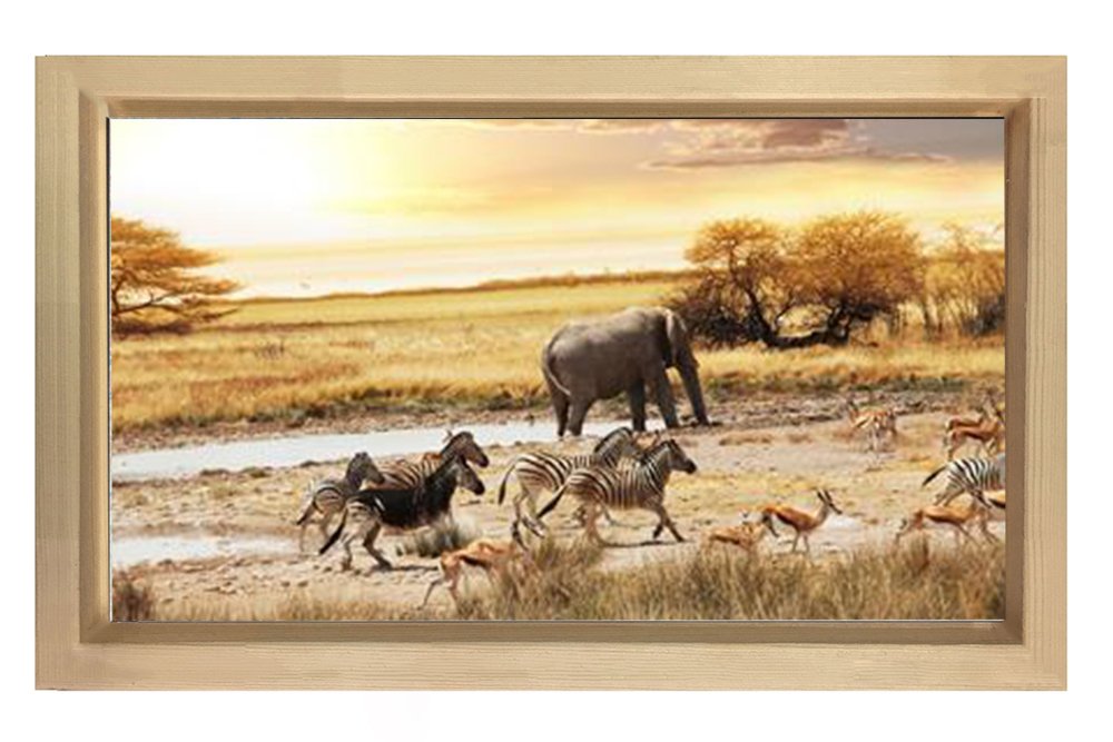 Zebra Ve Fil Tablosu Naturel Ahşap Çerçeve - 100x200