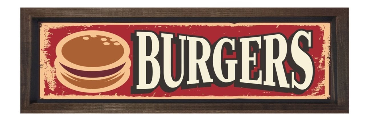 Burger Restoran Afiş Tablosu Kahverengi Ahşap Çerçeve - 120x40