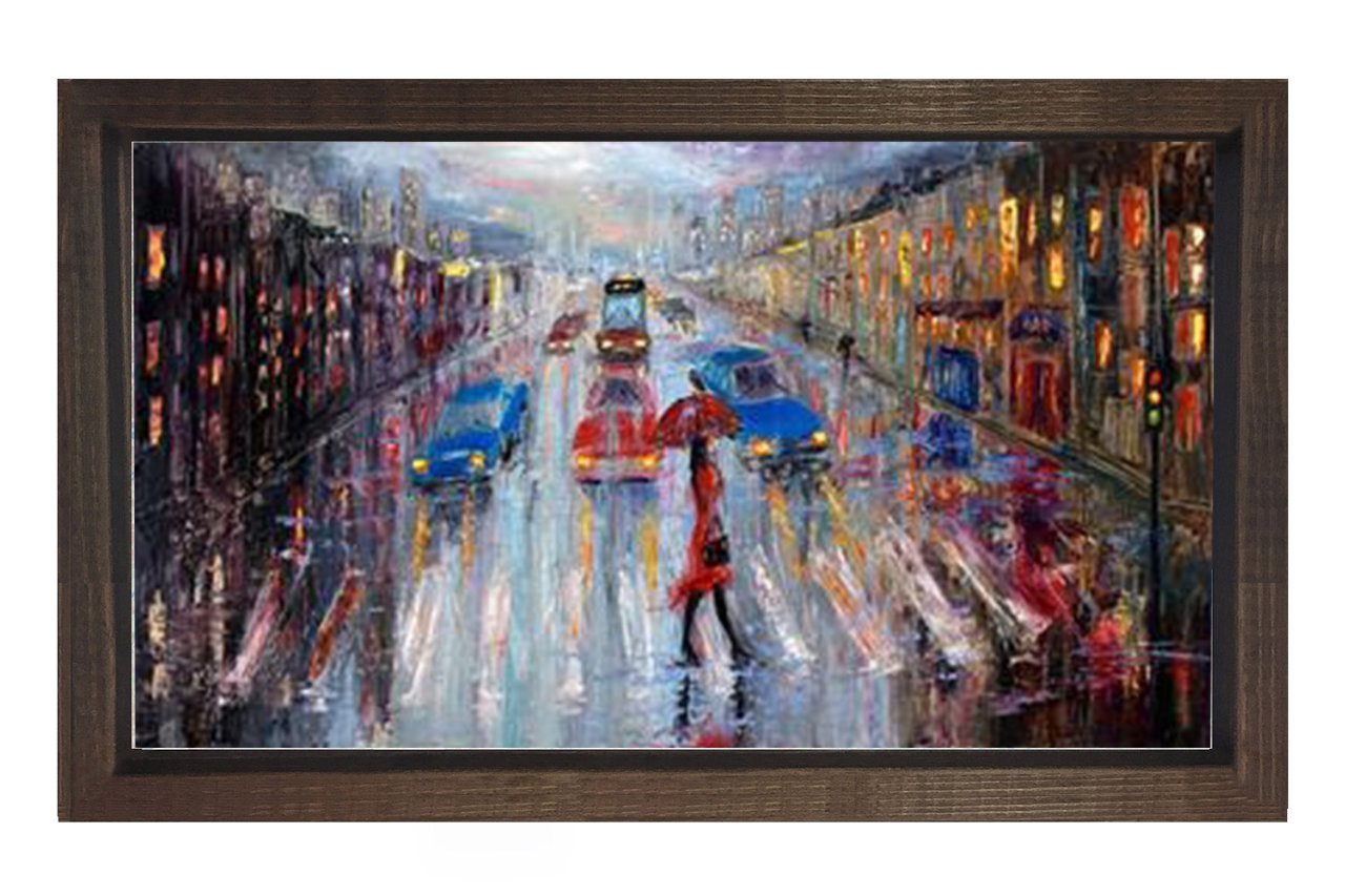 Yağmurlu Şehir YağlıBoya Tablosu Kahverengi Ahşap Çerçeve - 100x200