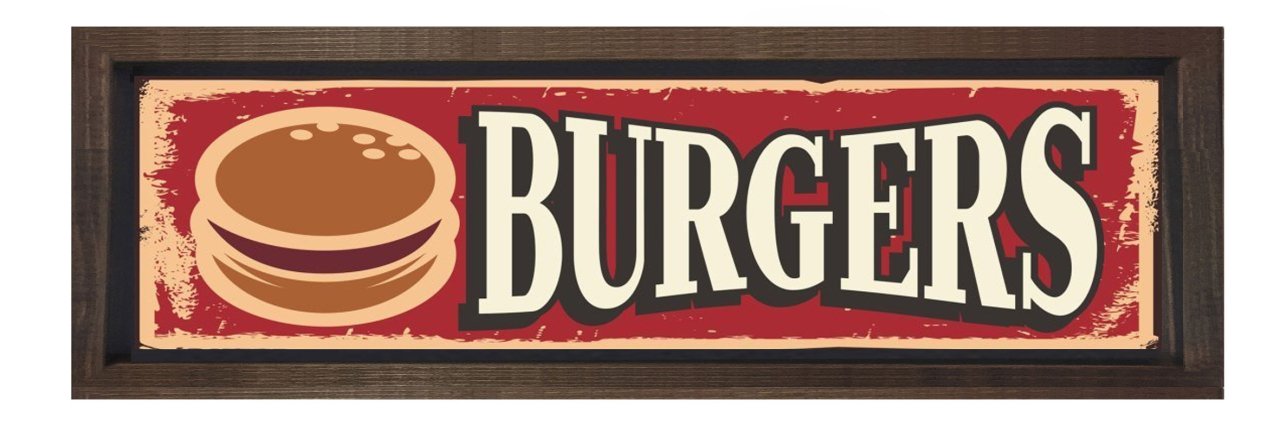 Burger Restoran Afiş Tablosu Kahverengi Ahşap Çerçeve - 200x70