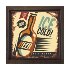 Soğuk Bira Reklam Afişi Tablosu Kahverengi Ahşap Çerçeve - 50x50