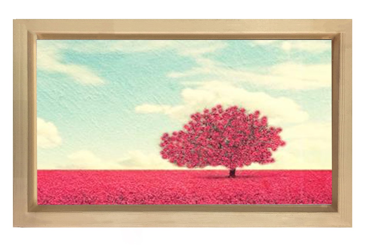 Kırmızı Çiçekler Ağaç Manzara Tablosu Naturel Ahşap Çerçeve - 70x100