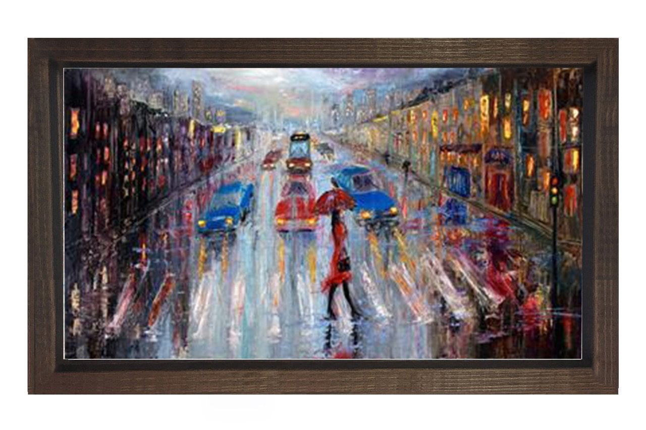 Yağmurlu Şehir YağlıBoya Tablosu Kahverengi Ahşap Çerçeve - 50x90