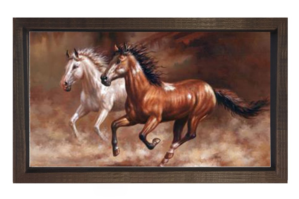 Koşan At Çifti Tablosu Kahverengi Ahşap Çerçeve - 70x100
