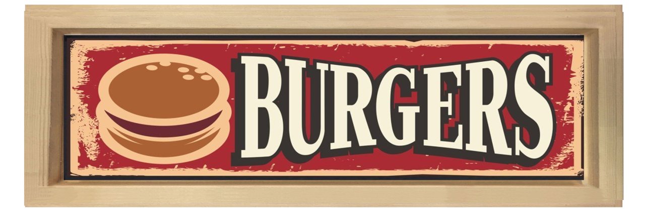 Burger Restoran Afiş Tablosu Naturel Ahşap Çerçeve - 180x60