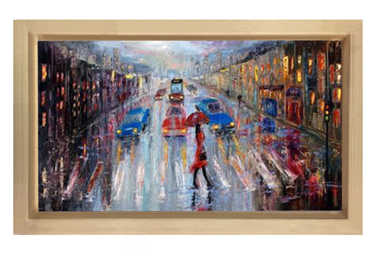 Yağmurlu Şehir YağlıBoya Tablosu Naturel Ahşap Çerçeve - 100x200